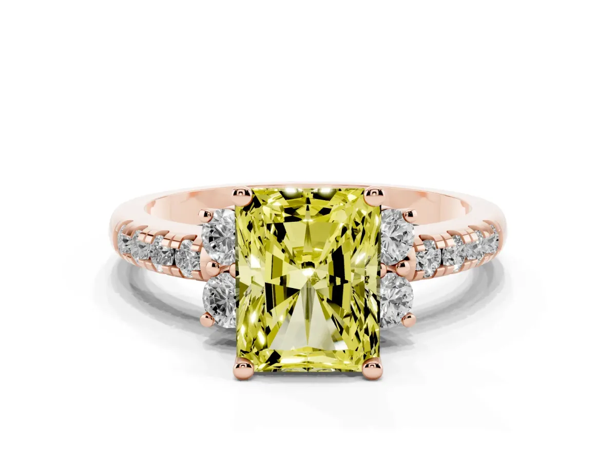Fancy Yellow Radiant Cut Diamond Three-Stone Pave Band with Four-Prong Setting Rose gold