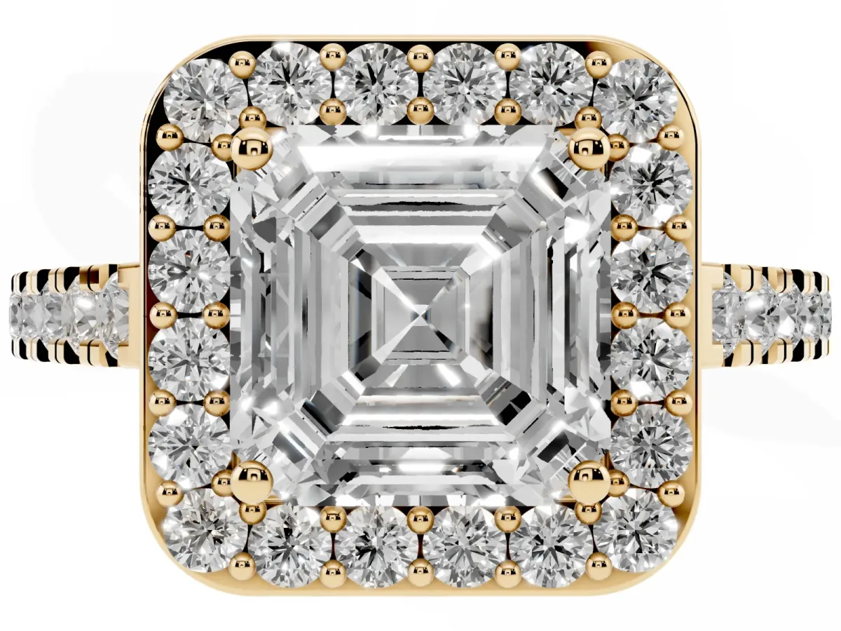 Asscher Cut Diamond Halo Ring with Round Pavé Split Shank and Prong Setting Yellow gold