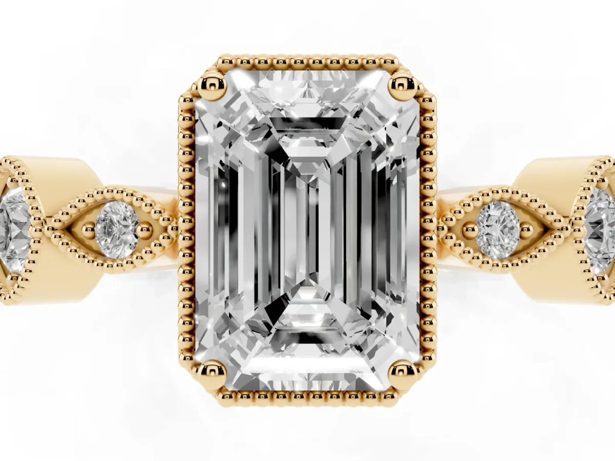 Emerald Cut Diamond Vintage Milgrain Ring with Round Stations Yellow gold