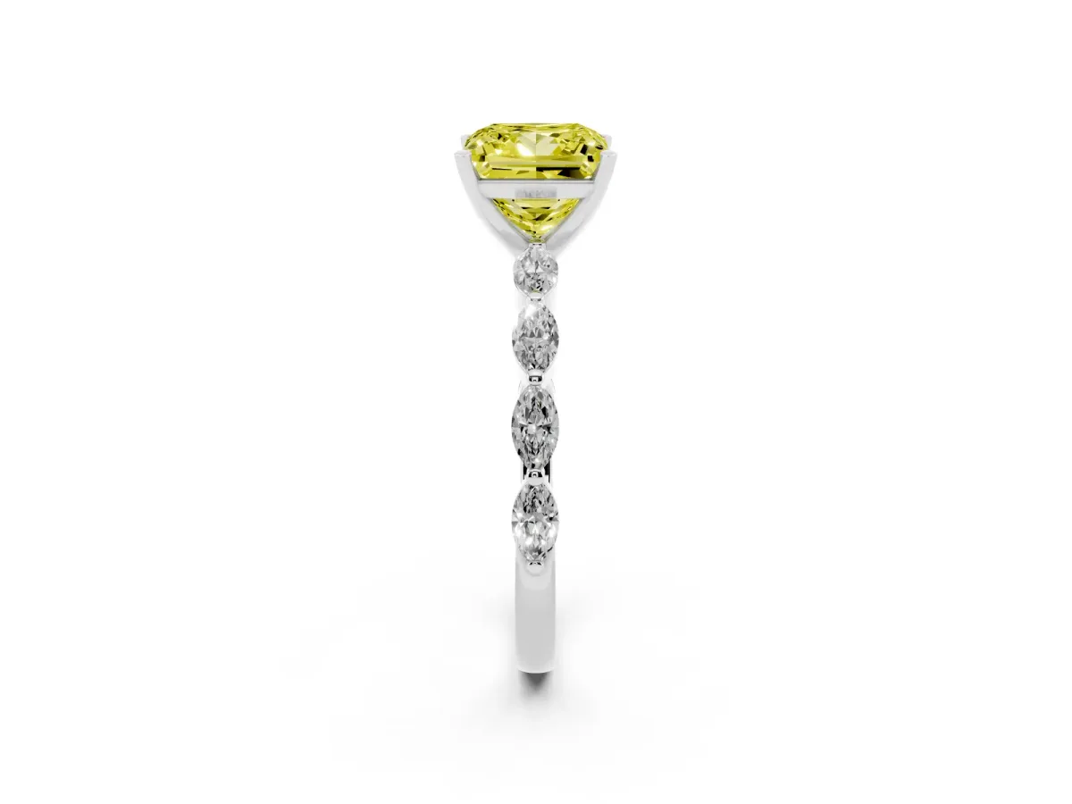 Fancy Yellow Princess Cut Diamond Ring with Marquise Side Stones and Prong Setting Platinum