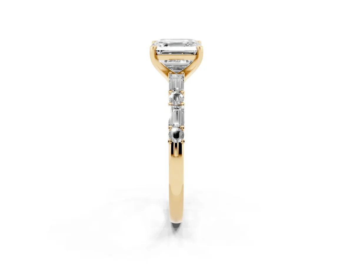 Asscher Cut Diamond Solitaire with Side Baguettes and Channel Set Band Yellow gold