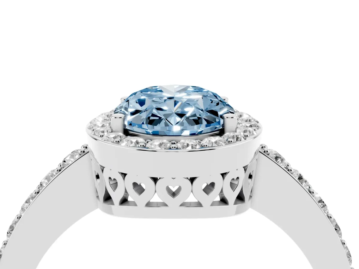 Fancy Blue Oval Cut Halo Diamond Pavé Band Ring with Prong Setting Silver