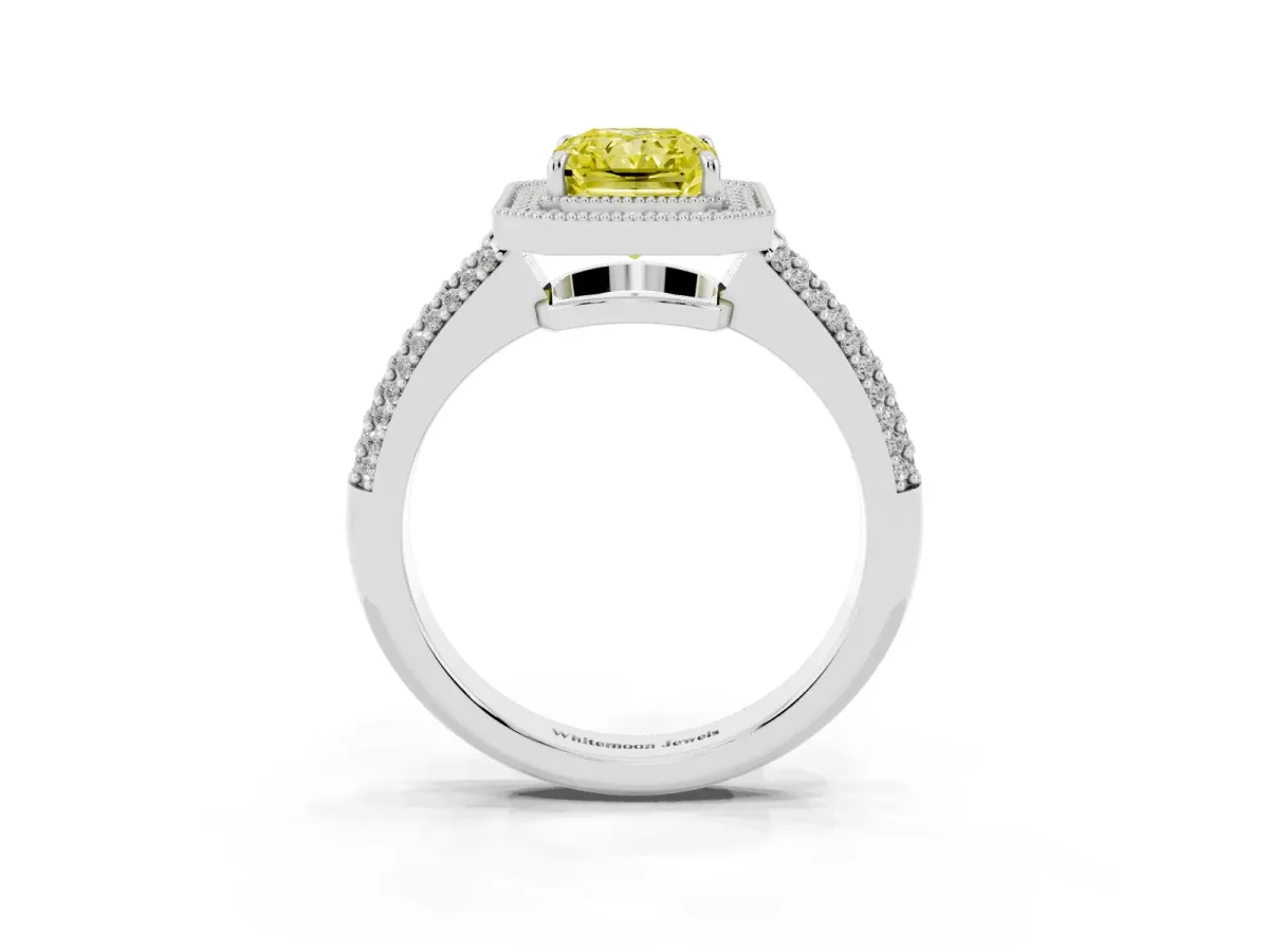 Fancy Yellow Radiant Cut Cut Halo Diamond Pave Band with Four-Prong Setting Silver