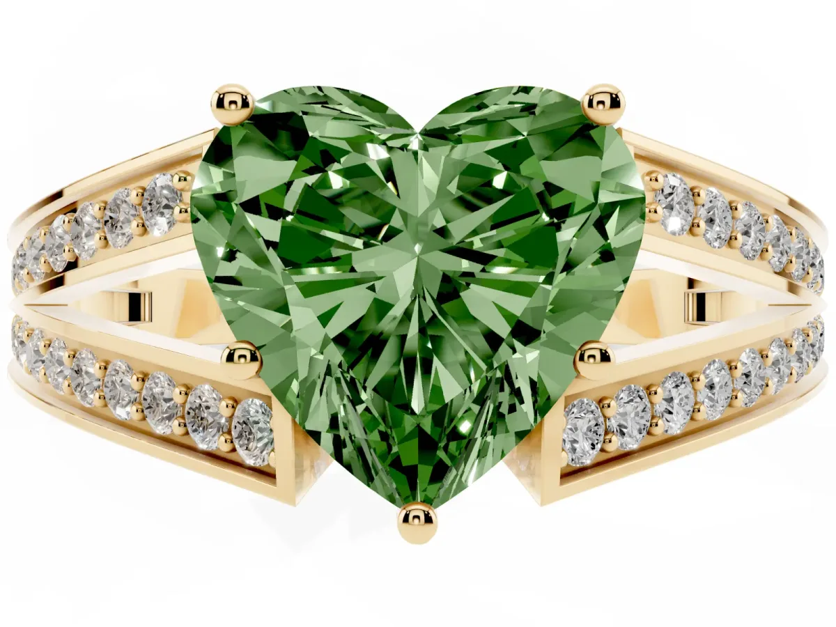 Fancy Green Heart Cut Diamond Split Shank Ring with Pavé Band and Four-Prong Setting Yellow gold