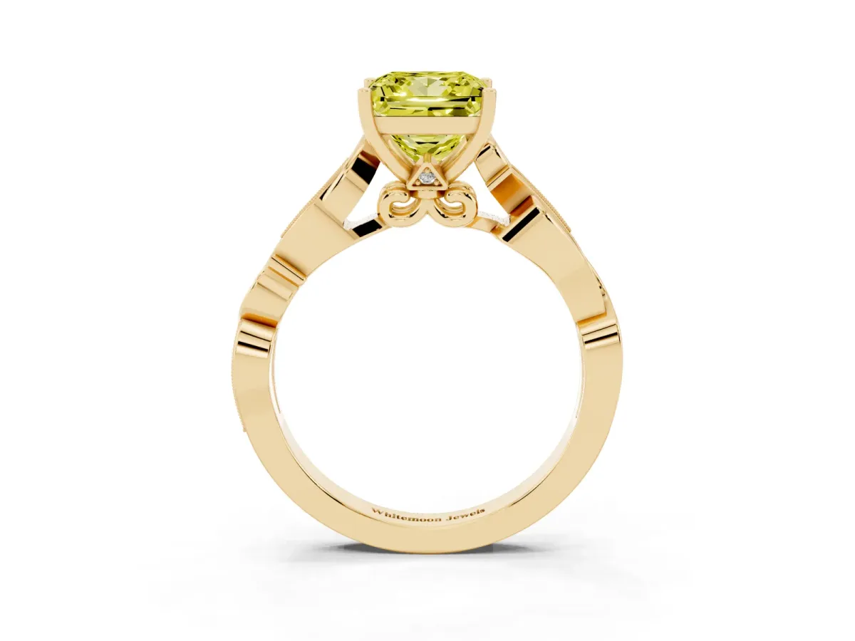 Fancy Yellow Princess Cut Solitaire Vine Band with Milgrain Prong Setting Yellow gold