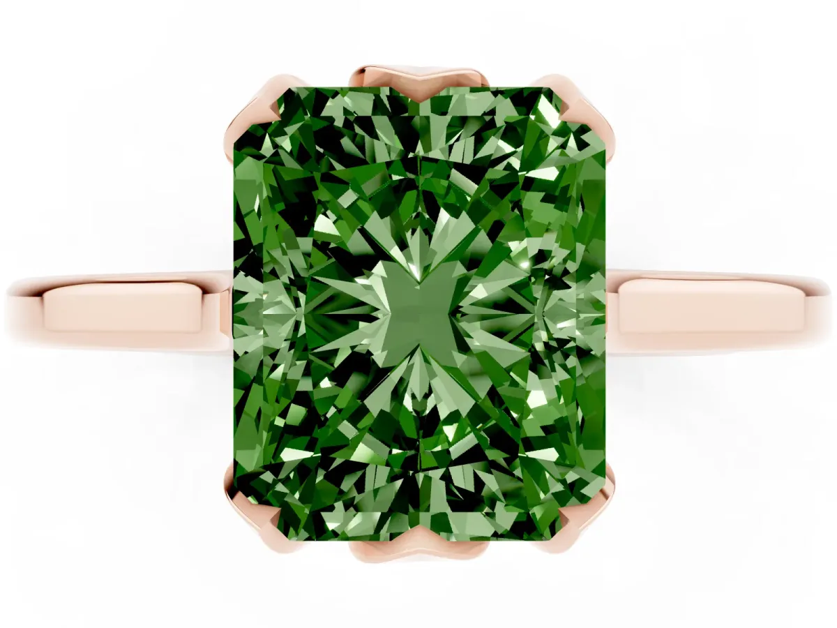 Fancy Green Radiant Cut Diamond Solitaire Ring with Flower Prong Setting and Classic Band Rose gold