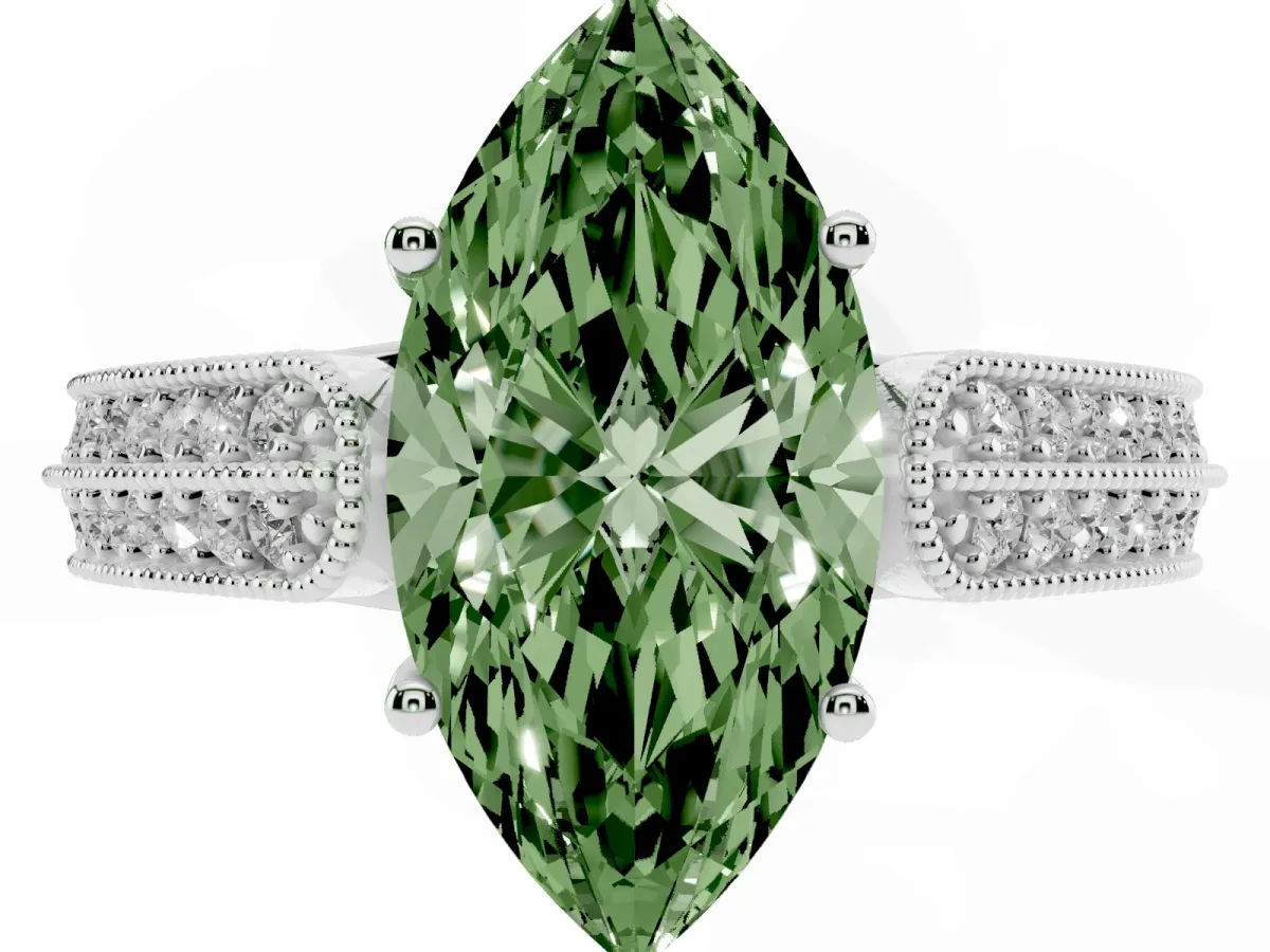 Fancy Green Marquise Cut Cut Pave Split Shank Engagement Ring with Four-Prong Setting White gold