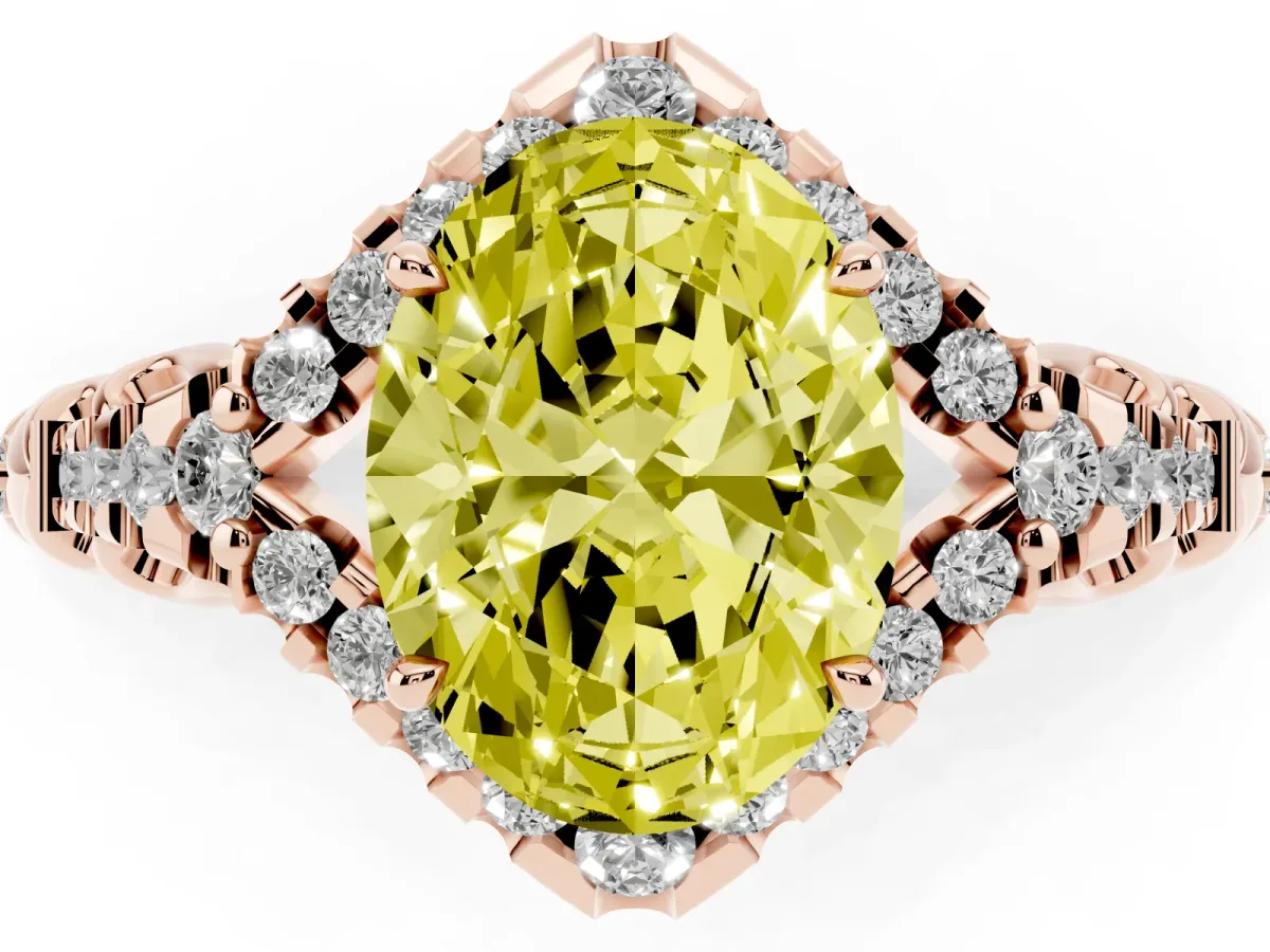 Fancy Yellow Oval Cut Diamond Solitaire Ring with Hidden Halo and Pavé Band Rose gold