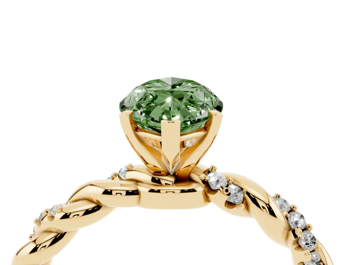 Fancy Green Marquise Cut Diamond Solitaire Ring with Twisted Band and Pavé Accents Yellow gold