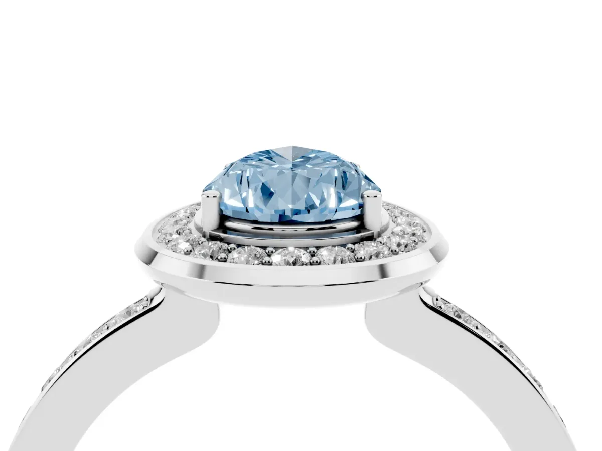 Fancy Blue Pear Cut Diamond Halo Ring with Bezel Frame and Pavé Band Silver