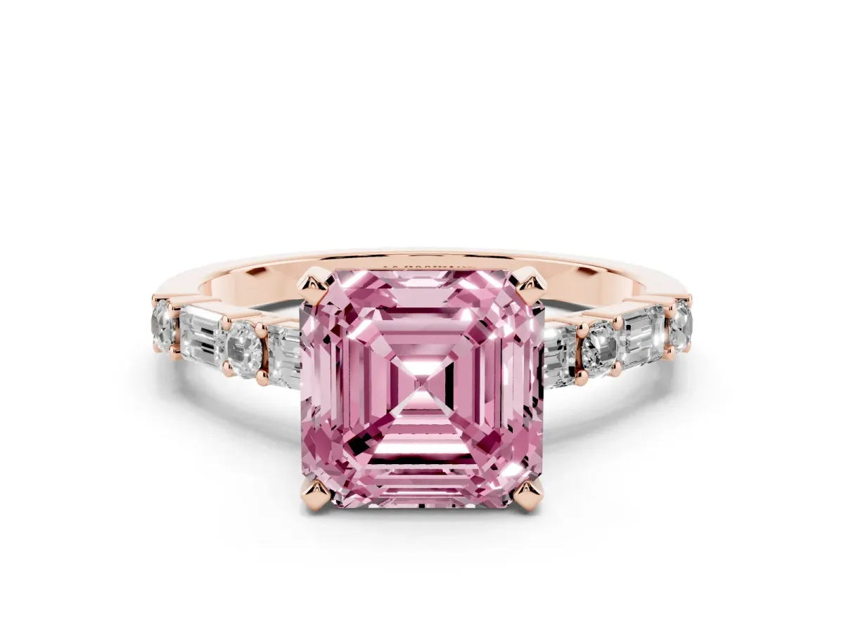 Fancy Pink Asscher Cut Diamond Solitaire with Side Baguettes and Channel Set Band Rose gold