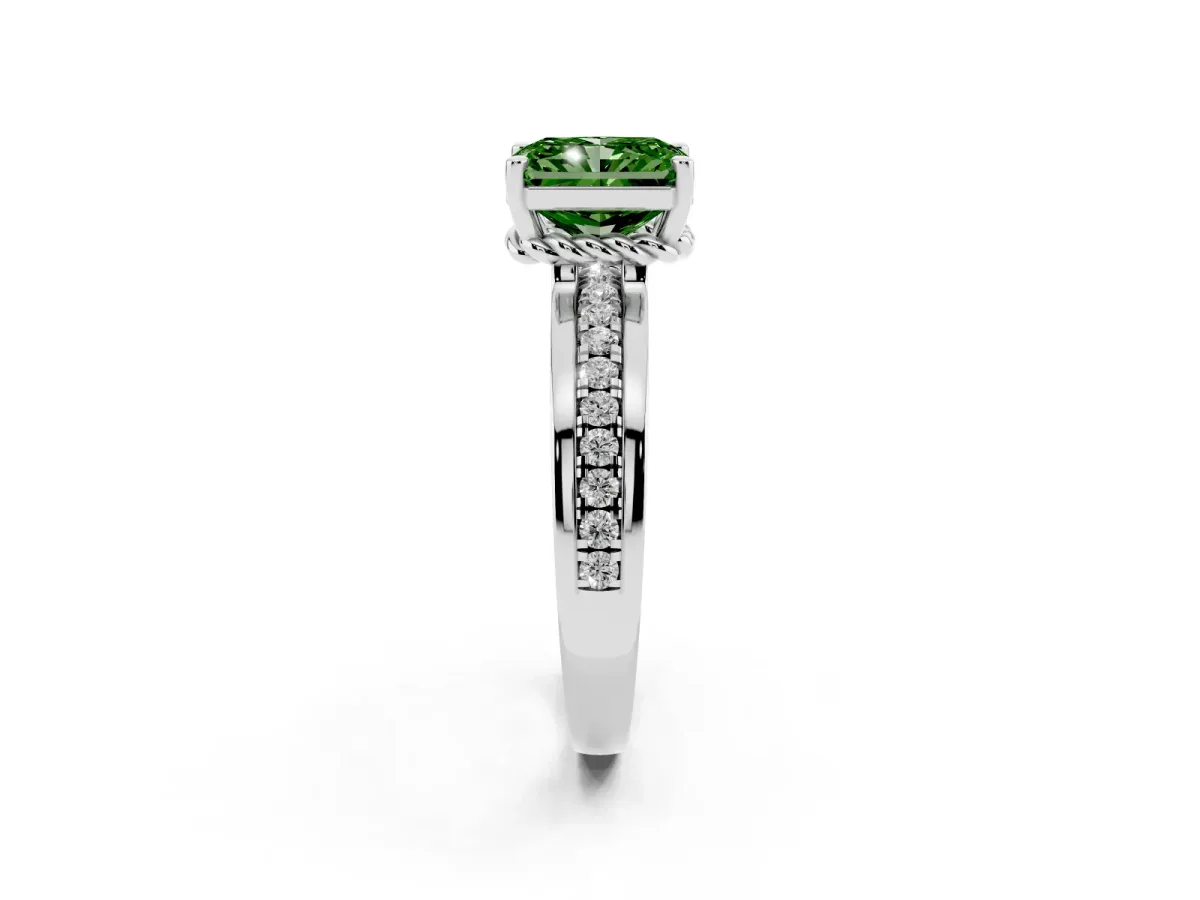 Fancy Green Radiant Cut Solitaire Diamond Ring with Channel Set Band and Six-Prong Setting Silver