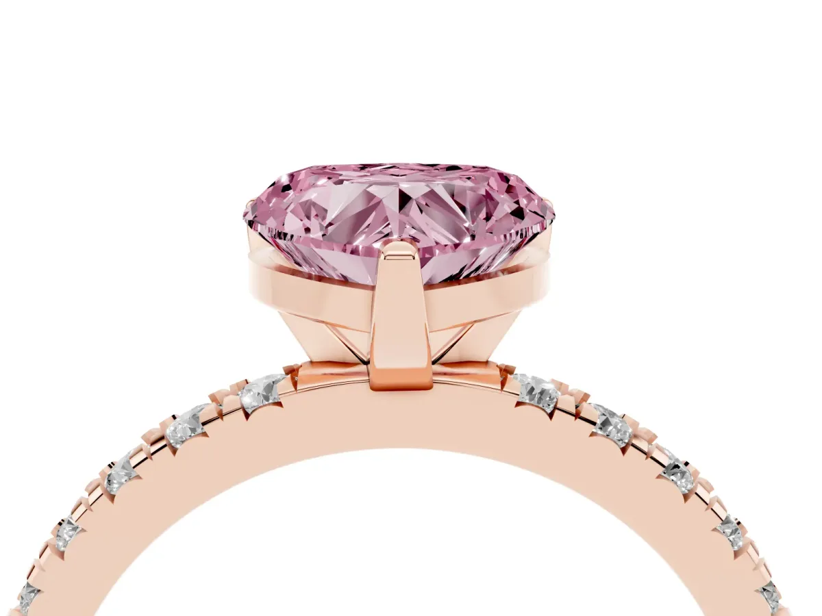 Fancy Pink Heart Cut Diamond Pavé Band Solitaire with Four-Prong Setting Rose gold
