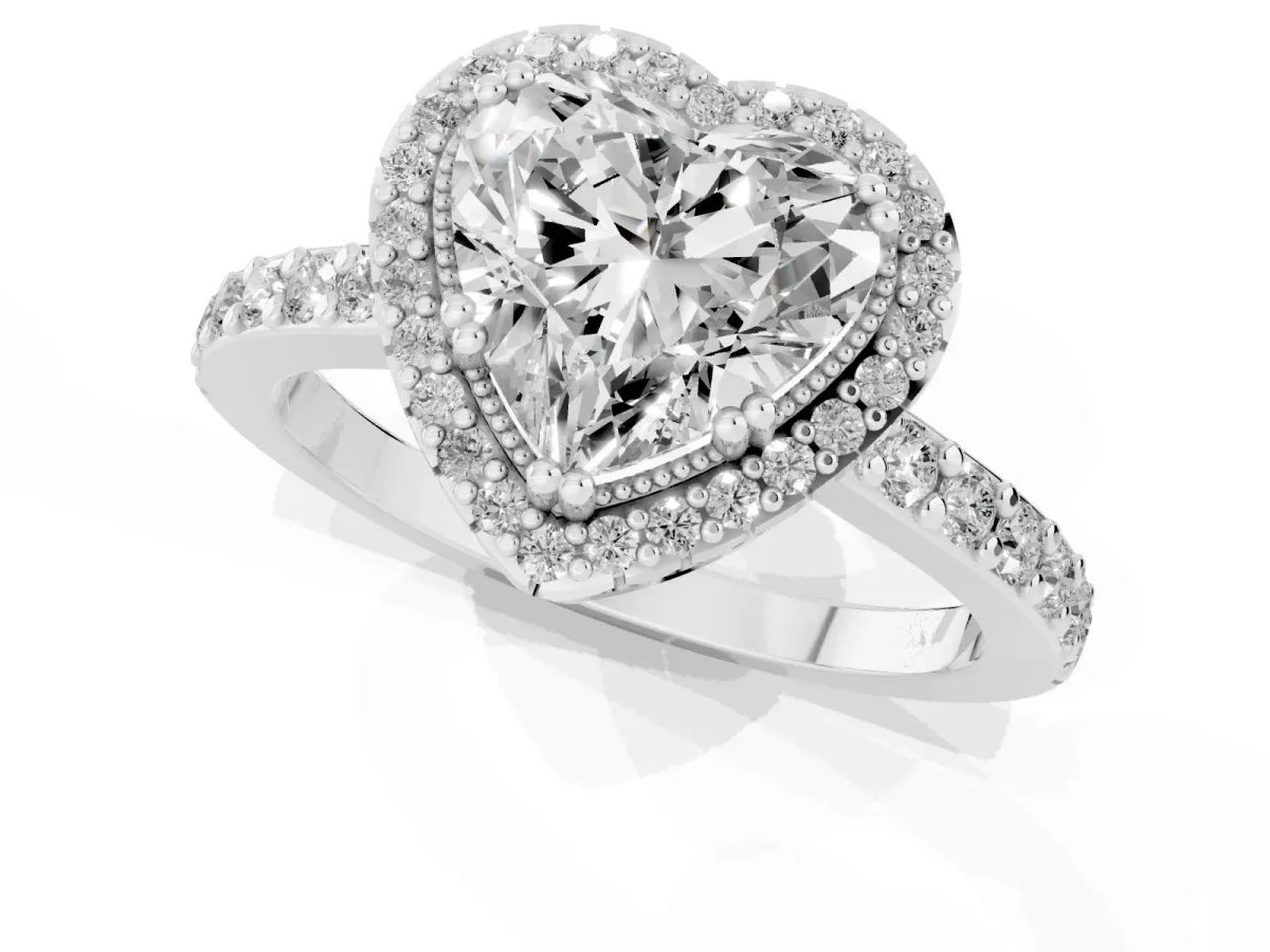 Heart Cut Cut Diamond Halo Engagement Ring with Milgrain Detail and Pavé Band Silver