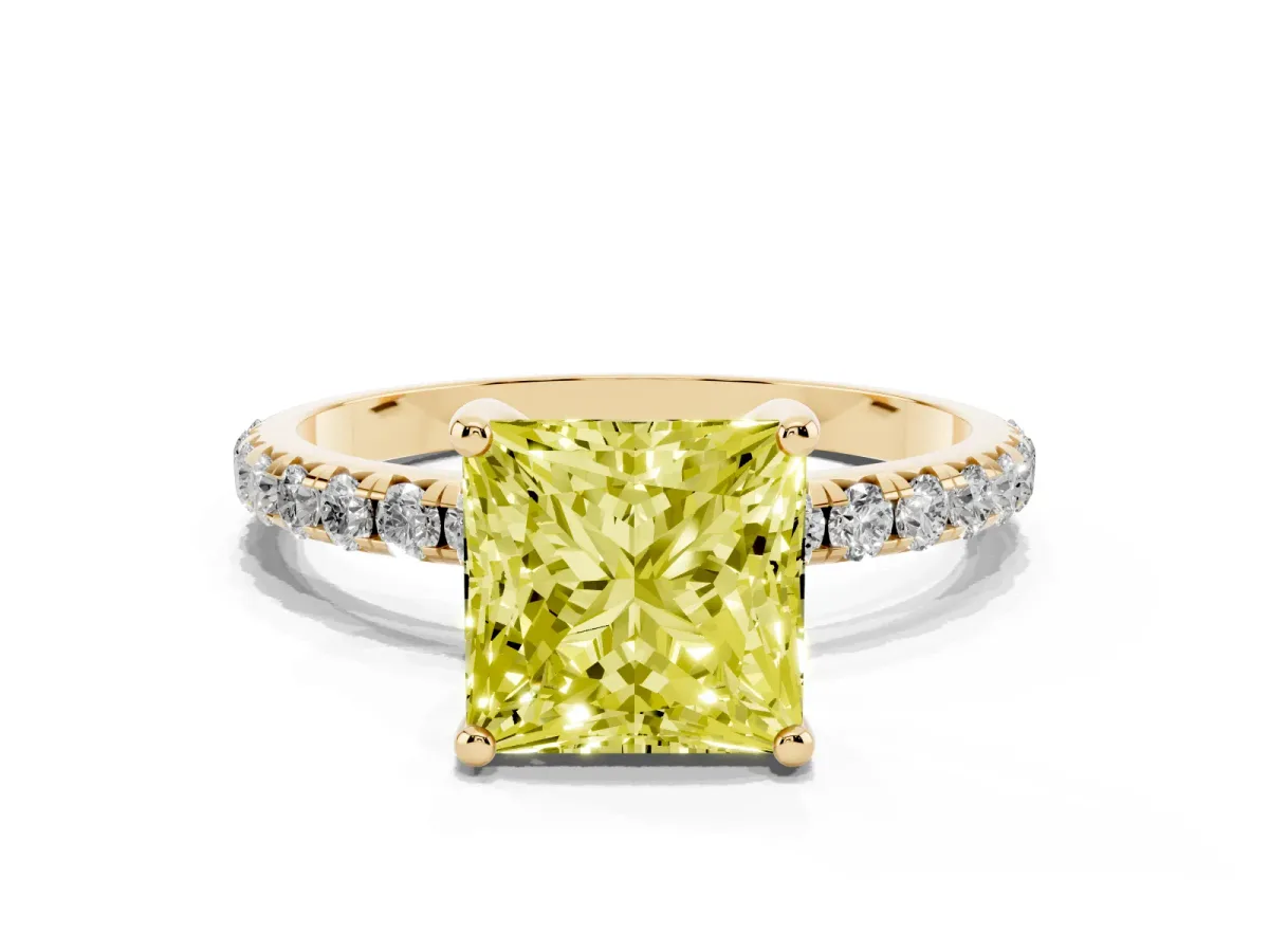 Fancy Yellow Princess Cut Cut Diamond Solitaire Ring with Micro Pave Band and Four Prong Setting Yellow gold