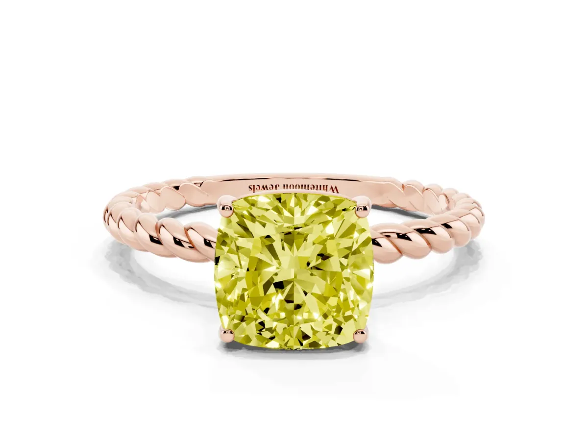 Fancy Yellow Cushion Cut Solitaire Twist Band Ring with Four-Prong Setting Rose gold