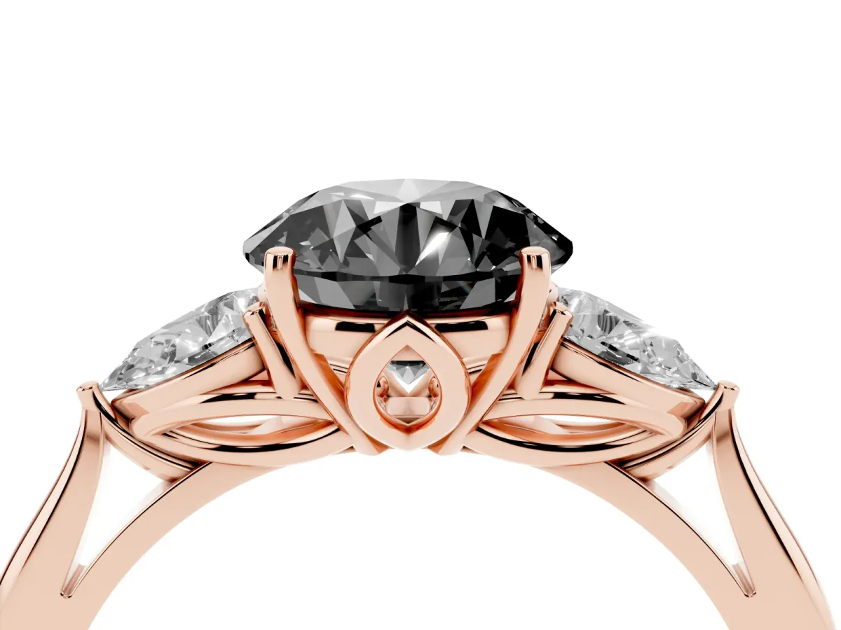 Fancy Black Round Cut Diamond Three-Stone Ring with Pear Side Stones and Prong Setting Rose gold