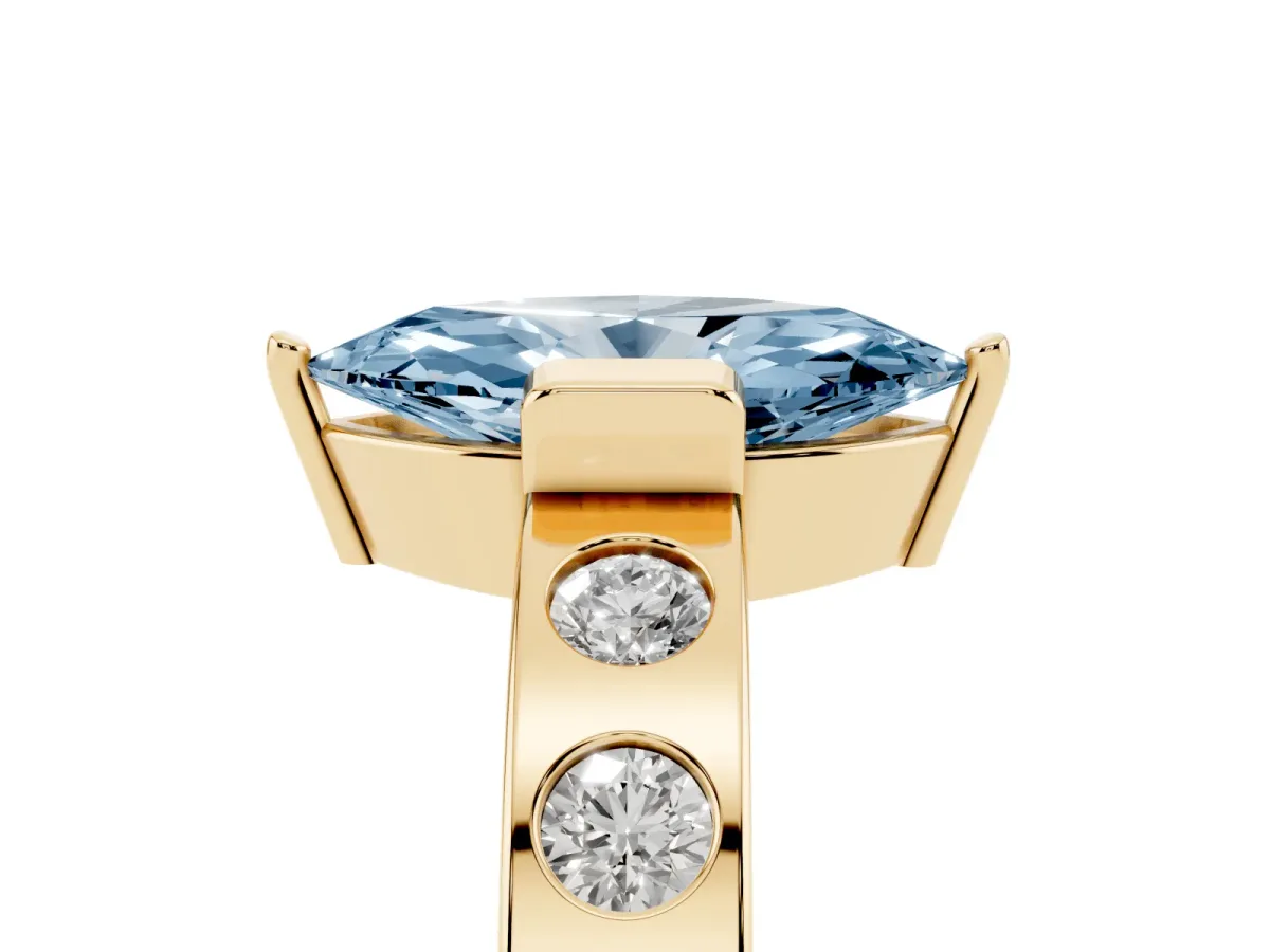 Fancy Blue Marquise Cut Brilliant Channel-Set Diamond Ring with Bezel Prong Setting Yellow gold