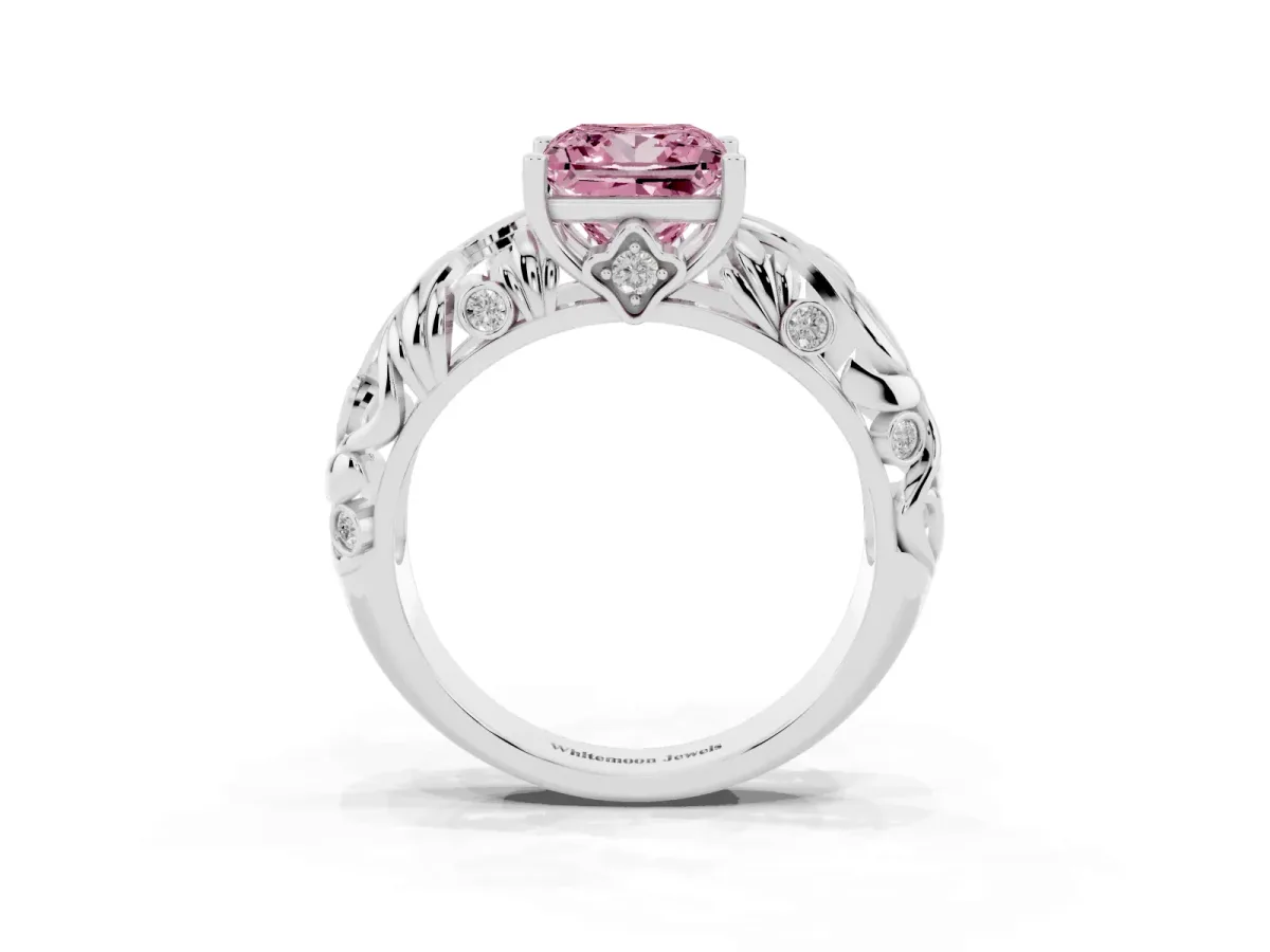 Fancy Pink Princess Cut Solitaire Diamond Leaf-Inspired Vine Band Ring with Prong Setting White gold