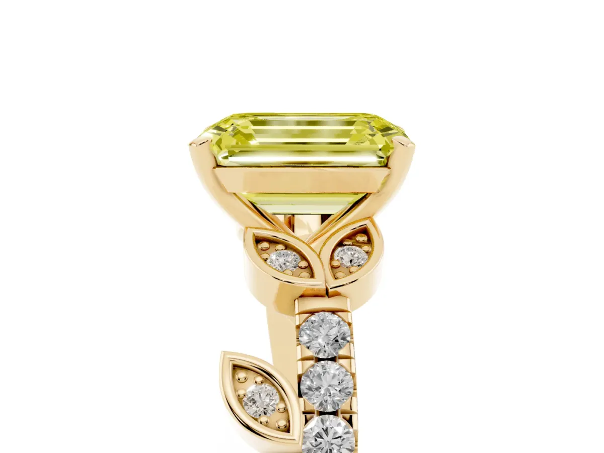 Fancy Yellow Emerald Cut Solitaire Leaf-Inspired Diamond Ring with Pavé Band and Four-Prong Setting Yellow gold