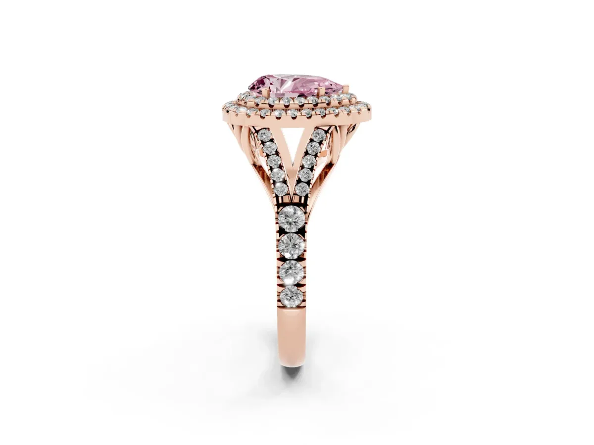 Fancy Pink Double Halo Pear Cut Diamond Split Shank Engagement Ring with Four-Prong Setting Rose gold