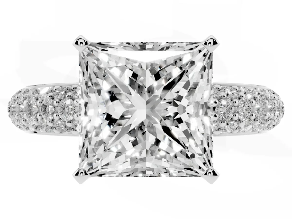 Princess Cut Diamond Solitaire Ring with Prong Setting and Pavé Band Silver