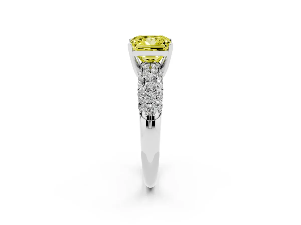 Fancy Yellow Princess Cut Diamond Pavé Band Solitaire Ring with Four-Prong Setting Platinum