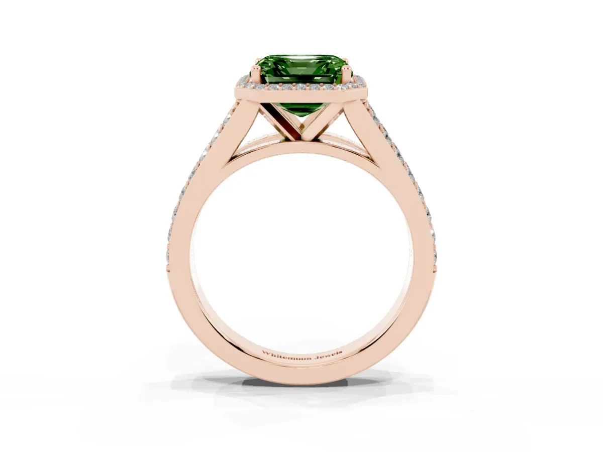 Fancy Green Asscher Cut Diamond Split Shank Halo Ring with Four-Prong Setting Rose gold