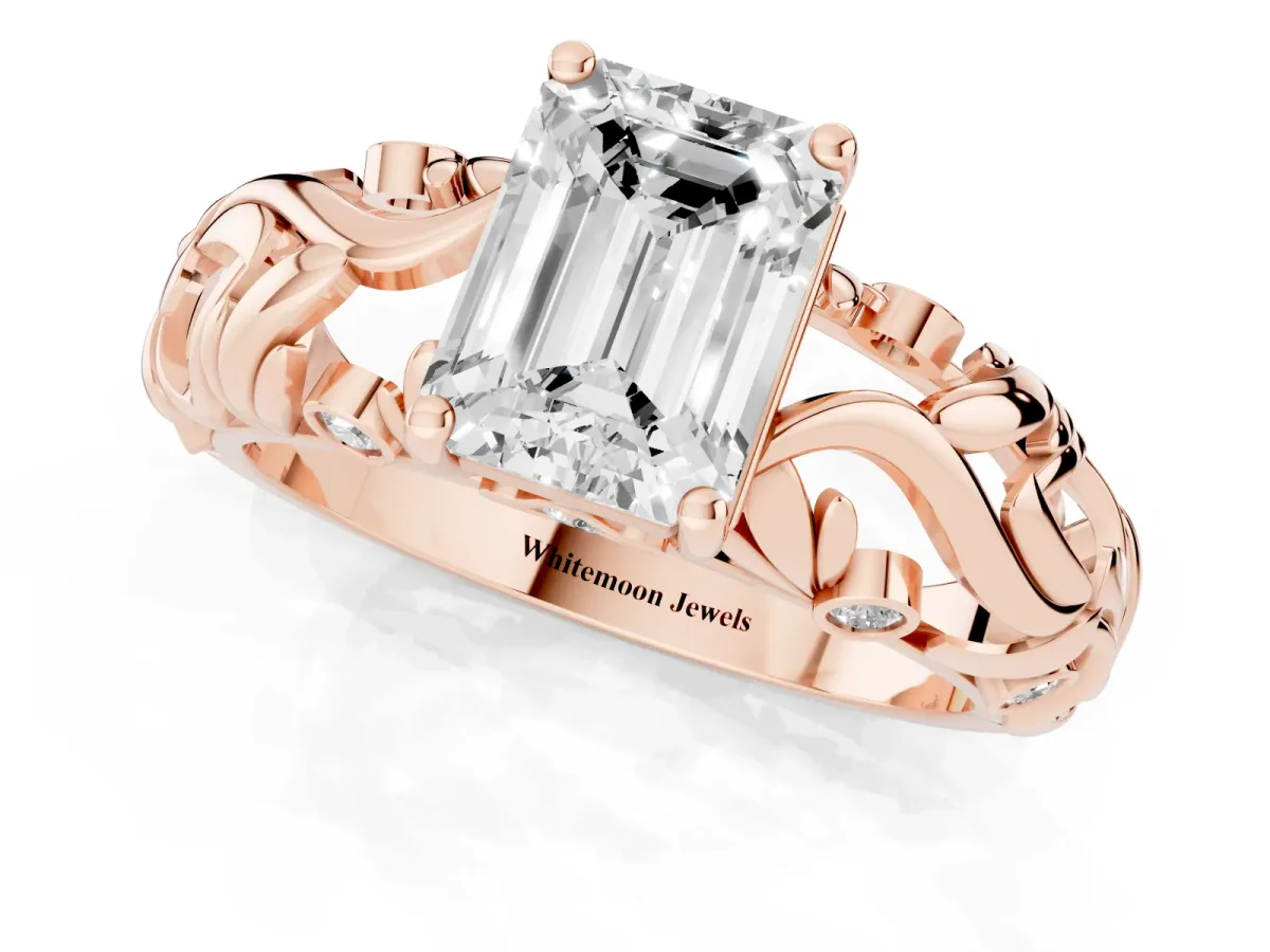 Emerald Cut Solitaire Diamond Leaf-Inspired Vine Band Ring with Prong Setting Rose gold
