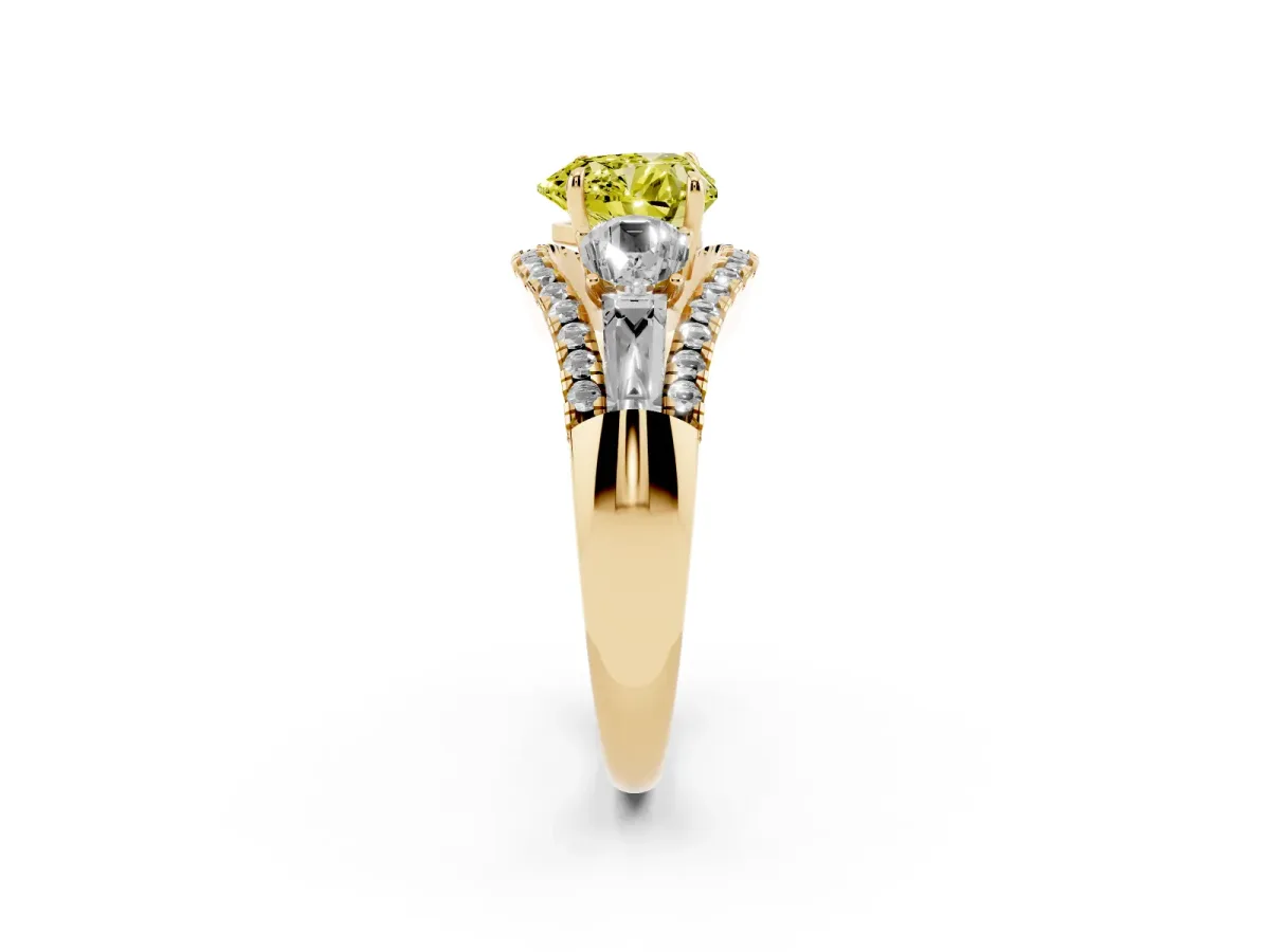 Fancy Yellow Three-Stone Heart Cut Diamond Engagement Ring with Pave Band and Prong Setting Yellow gold