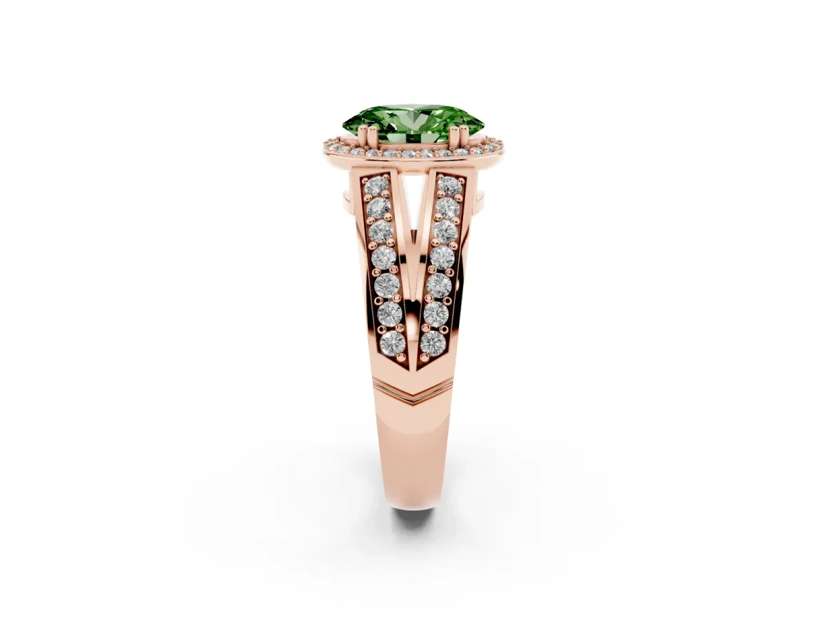 Fancy Green Oval Cut Diamond Halo Ring with Split Shank Pavé Band and Four-Prong Setting Rose gold