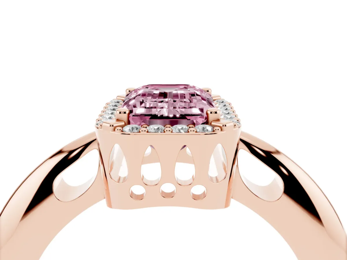 Fancy Pink Emerald Cut Cut Diamond Halo Engagement Ring with Split Shank and Four-Prong Setting Rose gold