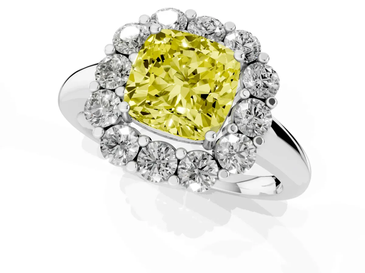 Fancy Yellow Cushion Cut Halo Cluster Diamond Engagement Ring with Prong Setting and Polished Band Silver