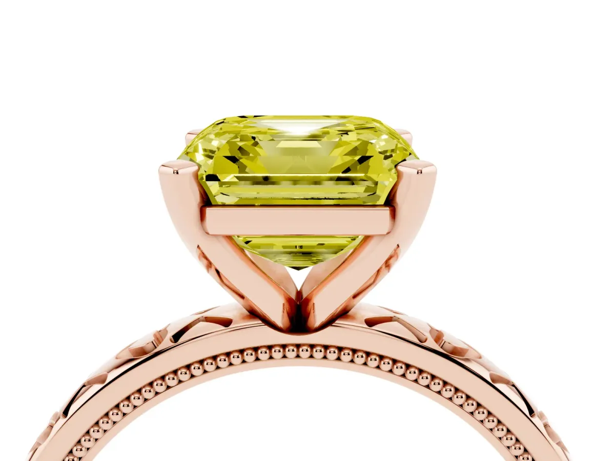 Fancy Yellow Asscher Cut Solitaire Diamond Engagement Ring with XO Engraved Band and Four-Prong Setting Rose gold