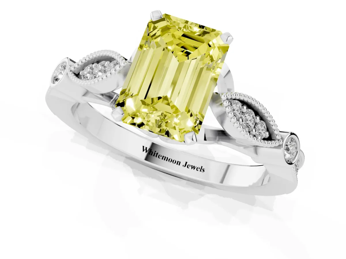Fancy Yellow Emerald Cut Cut Diamond with Milgrain Marquise and Bezel Accents on a Solitaire Band with Prong Setting Platinum