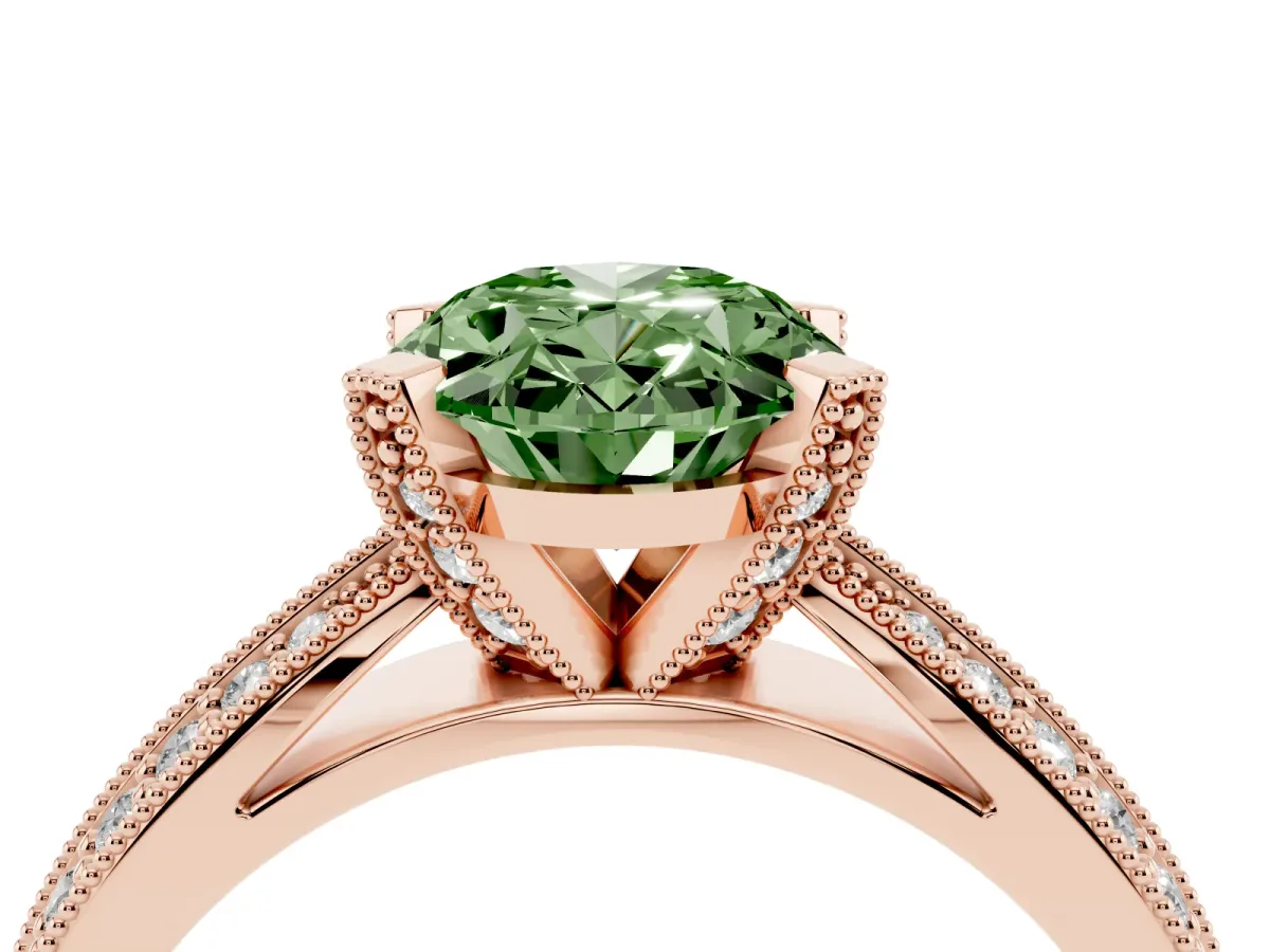 Fancy Green Oval Cut Diamond Solitaire Ring with Milgrain Round Pavé Band and Prong Setting Rose gold