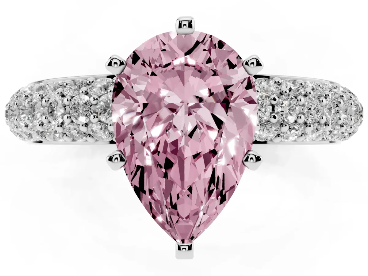 Fancy Pink Pear Cut Diamond Solitaire Ring with Prong Setting and Pavé Band Platinum