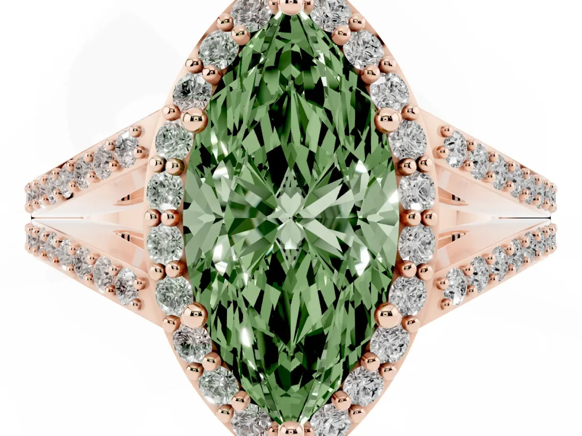 Fancy Green Marquise Cut Halo Split Shank Diamond Ring with Prong Setting Rose gold