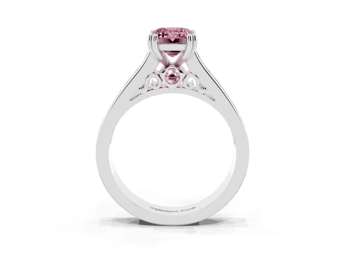 Fancy Pink Emerald Cut Cut Channel Set Solitaire Engagement Ring with Prong Setting Silver