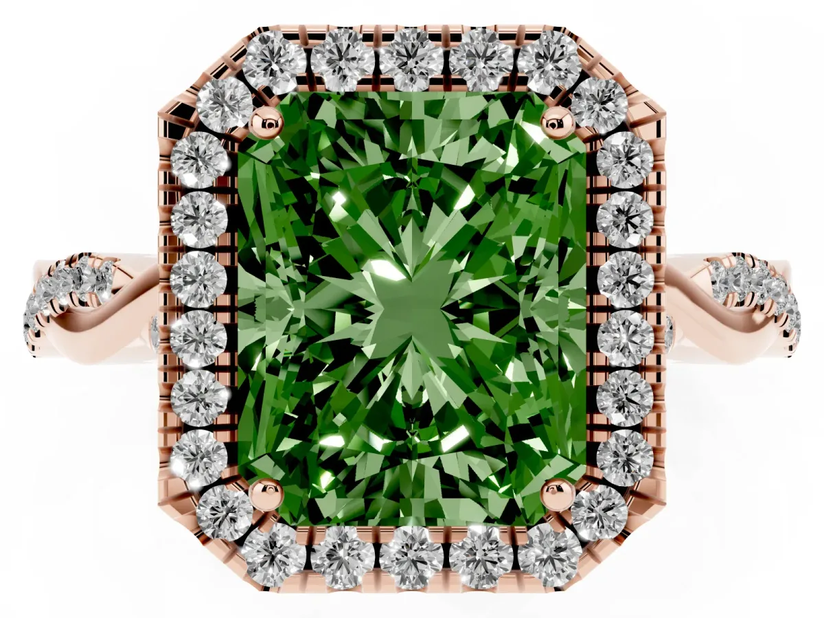 Fancy Green Radiant Cut Halo Twist Band Solitaire Ring Rose gold