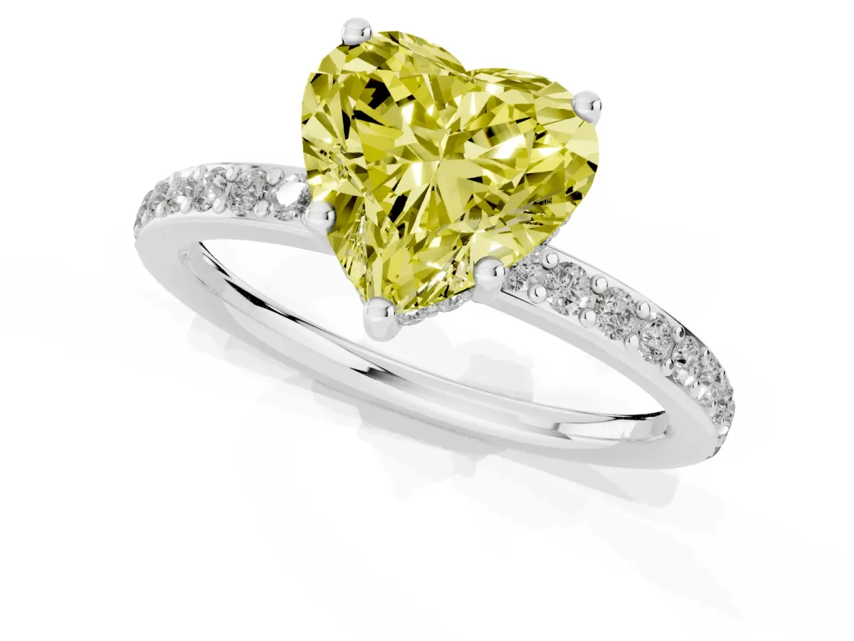 Fancy Yellow Heart Cut Cut Diamond Pavé Band Ring with Four-Prong Setting Silver