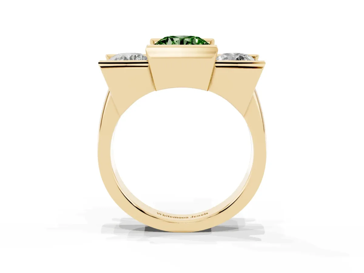 Fancy Green Three Stone Round Cut Cut Channel Set Diamond Ring Yellow gold