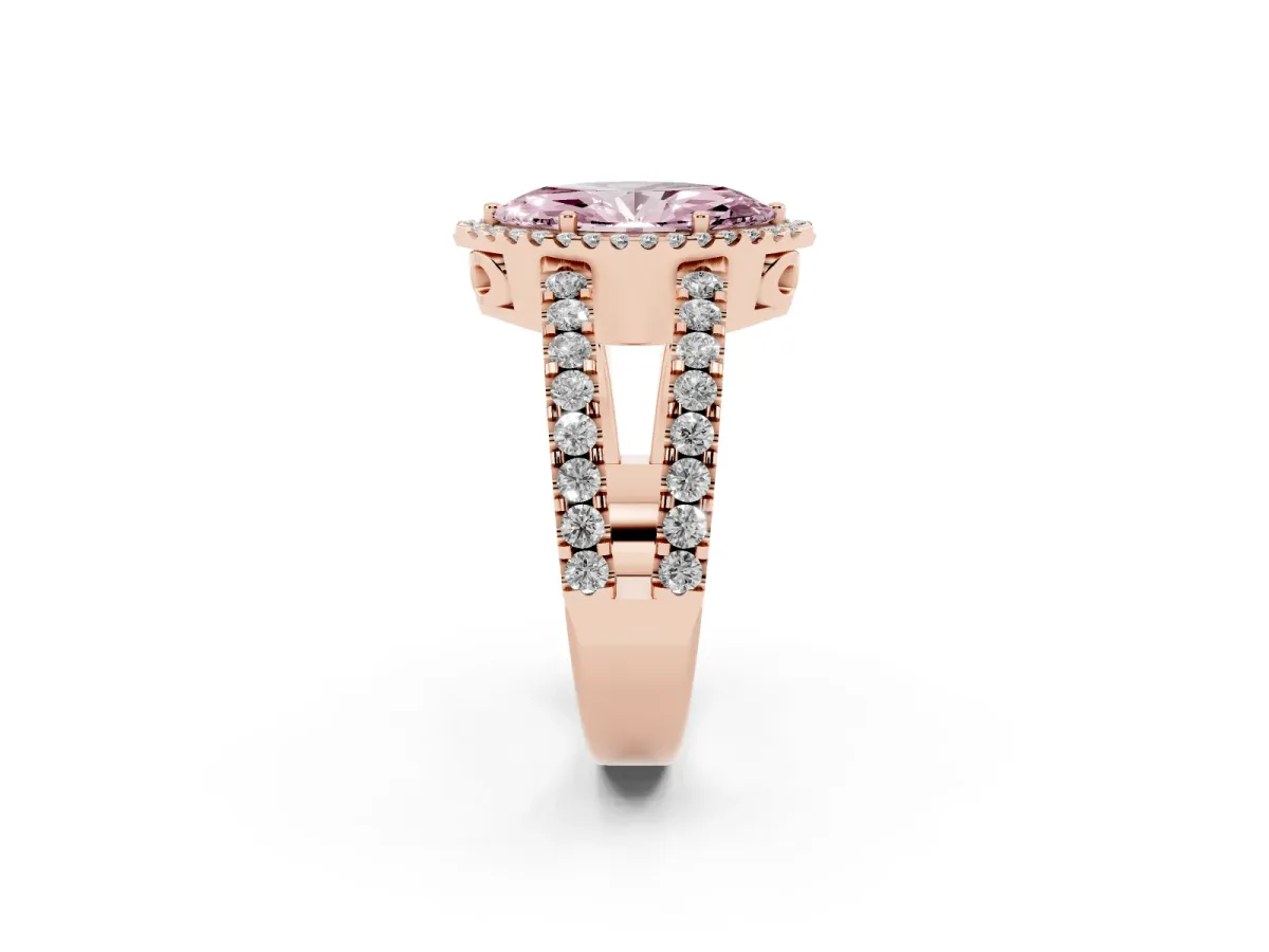 Fancy Pink Marquise Cut Cut Halo Split Shank Diamond Ring with Four-Prong Setting Rose gold