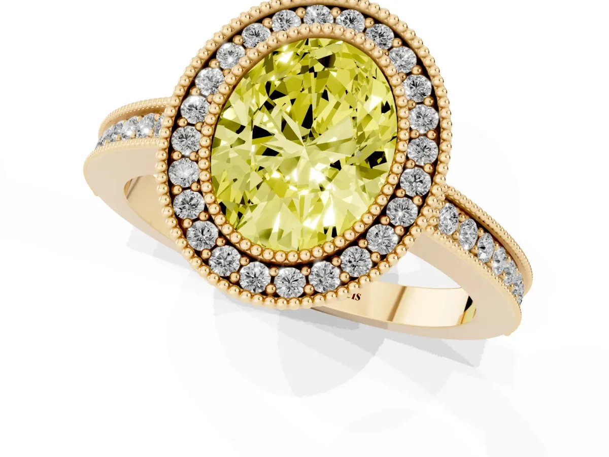 Fancy Yellow Oval Cut Cut Halo Diamond Ring with Pavé Band and Milgrain Prong Setting Yellow gold