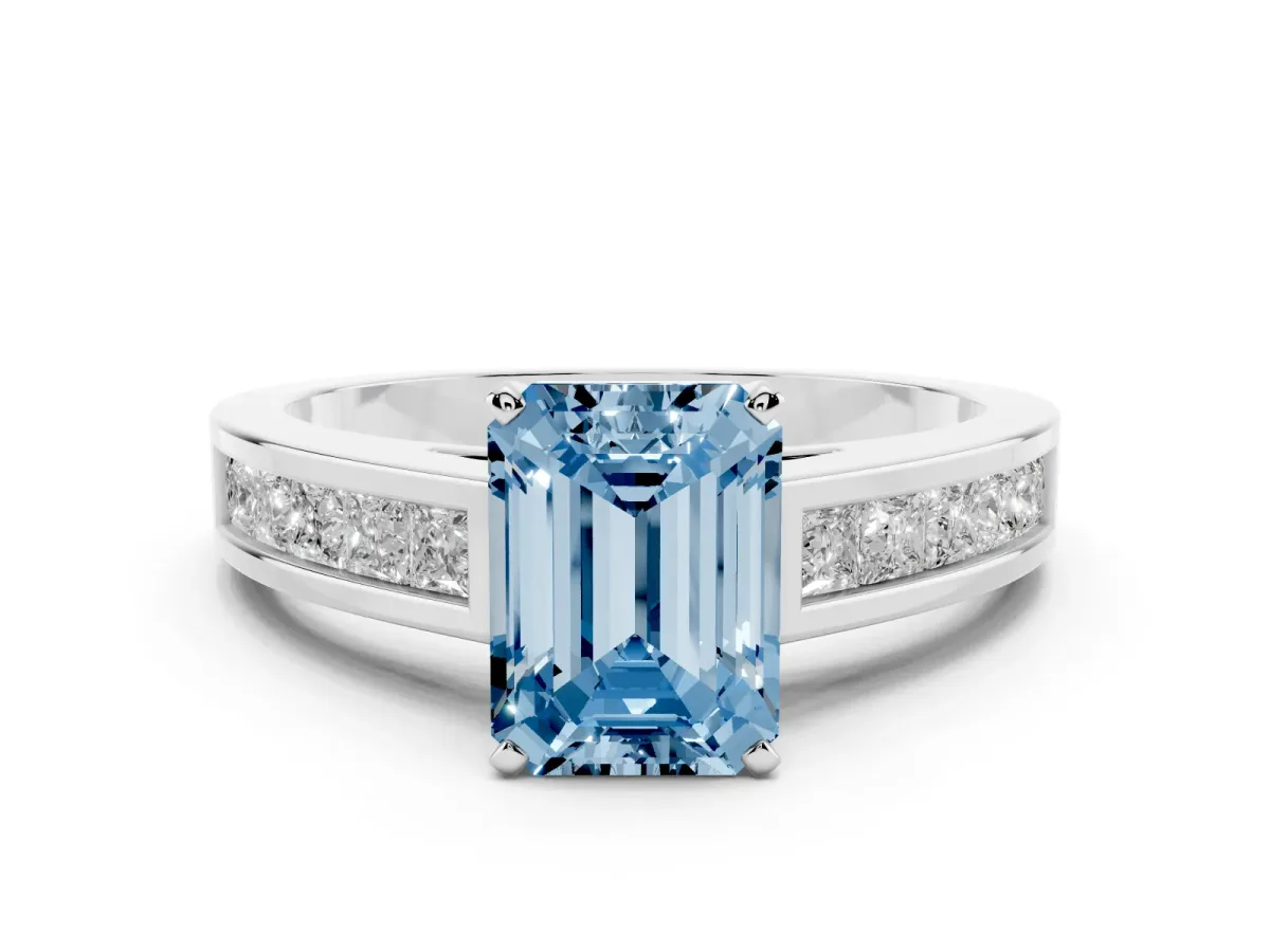 Fancy Blue Emerald Cut Solitaire Diamond Ring with Channel-Set Band and Four-Prong Setting Silver