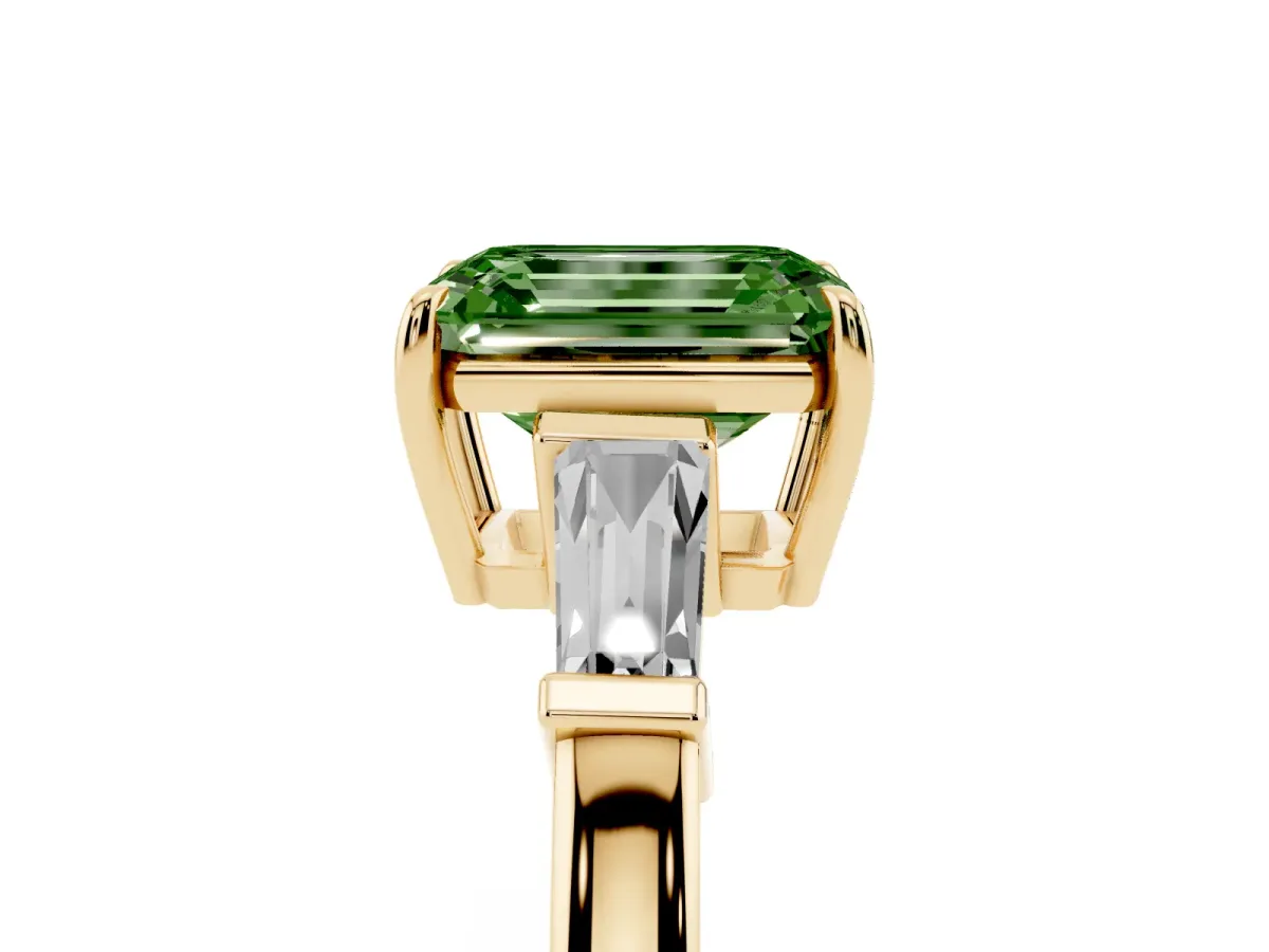 Fancy Green Emerald Cut Diamond Three-Stone Ring with Tapered Baguette Side Stones and Prong Setting Yellow gold
