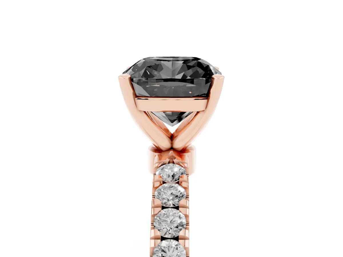 Fancy Black Cushion Cut Diamond Solitaire Ring with Pavé Accents and Four-Prong Setting Rose gold