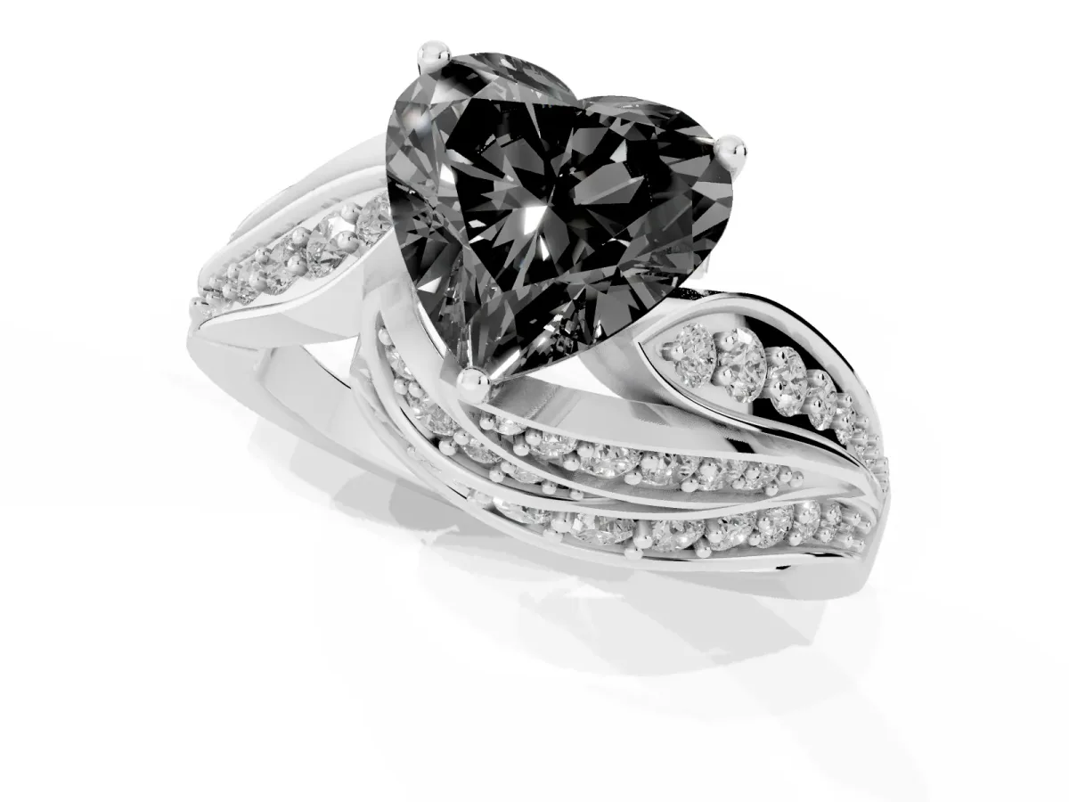 Fancy Black Heart Cut Diamond Solitaire Ring with Prong Setting and Twisted Pavé Band Silver