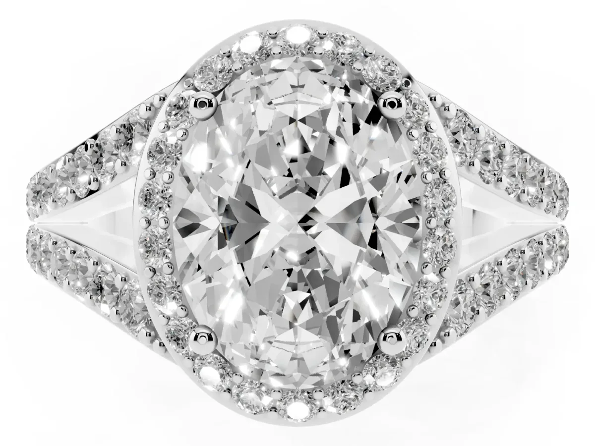 Oval Cut Diamond Split Shank Halo Ring with Four-Prong Setting White gold