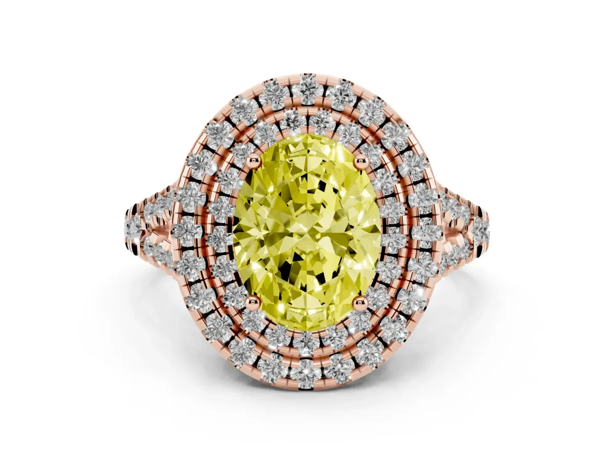 Fancy Yellow Double Halo Oval Cut Diamond Pavé Split Shank Ring with Prong Setting Rose gold